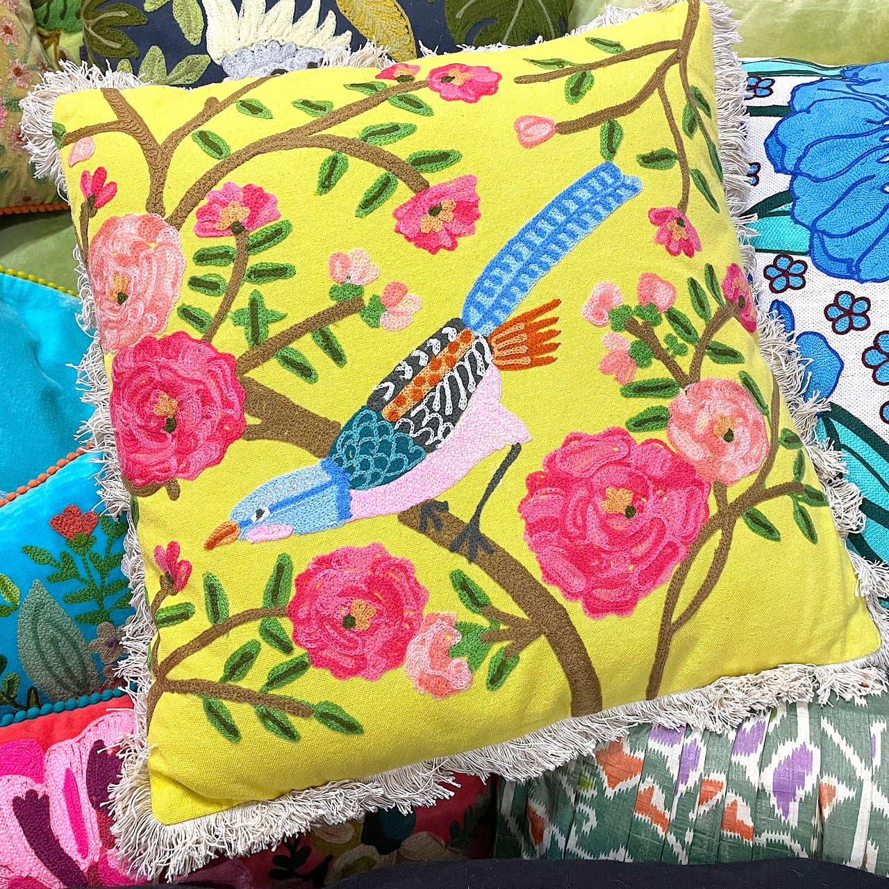 Summer Birds Cushion - Yellow