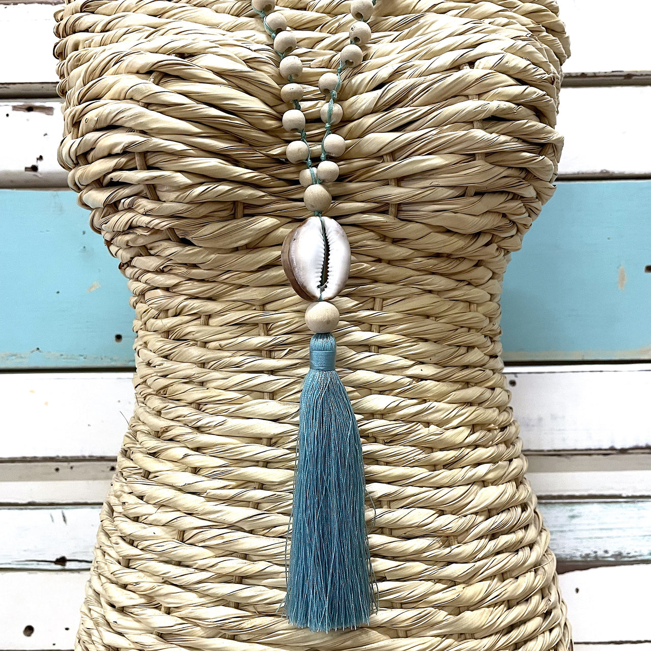 Cowrie Tassel Necklace ~ Aqua